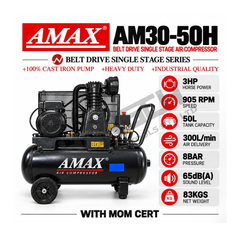 AMAX Belt Drive Air Compressor AM30-50H (3HP / 50L) with MOM Cert 皮带传动单级空气压缩机(附 MOM 证书)