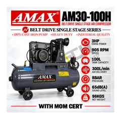 AMAX Belt Drive Air Compressor AM30-100H (3HP / 100L) with MOM Cert 皮带传动单级空气压缩机(附 MOM 证书)