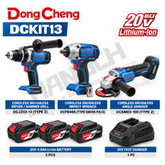 Dong Cheng DCKIT13 Cordless Brushless Combo Kit (Driver/Hammer Drill + Impact Wrench + Angle Grinder) 无刷充电式三件套 – 冲击钻 / 电动扳手 / 角磨机