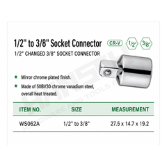 Wynn's 1/2" to 3/8" Drive Socket Adapter Converter WS062A Socket Connector 转换接头