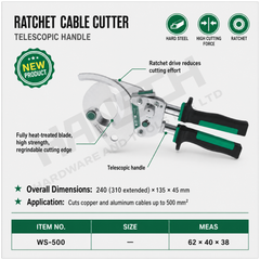 Wynn's Ratchet Cable Cutter WS-500 Heavy Duty Cable Cutting Tool for Copper and Aluminum Cables 棘轮电缆剪(伸缩柄)