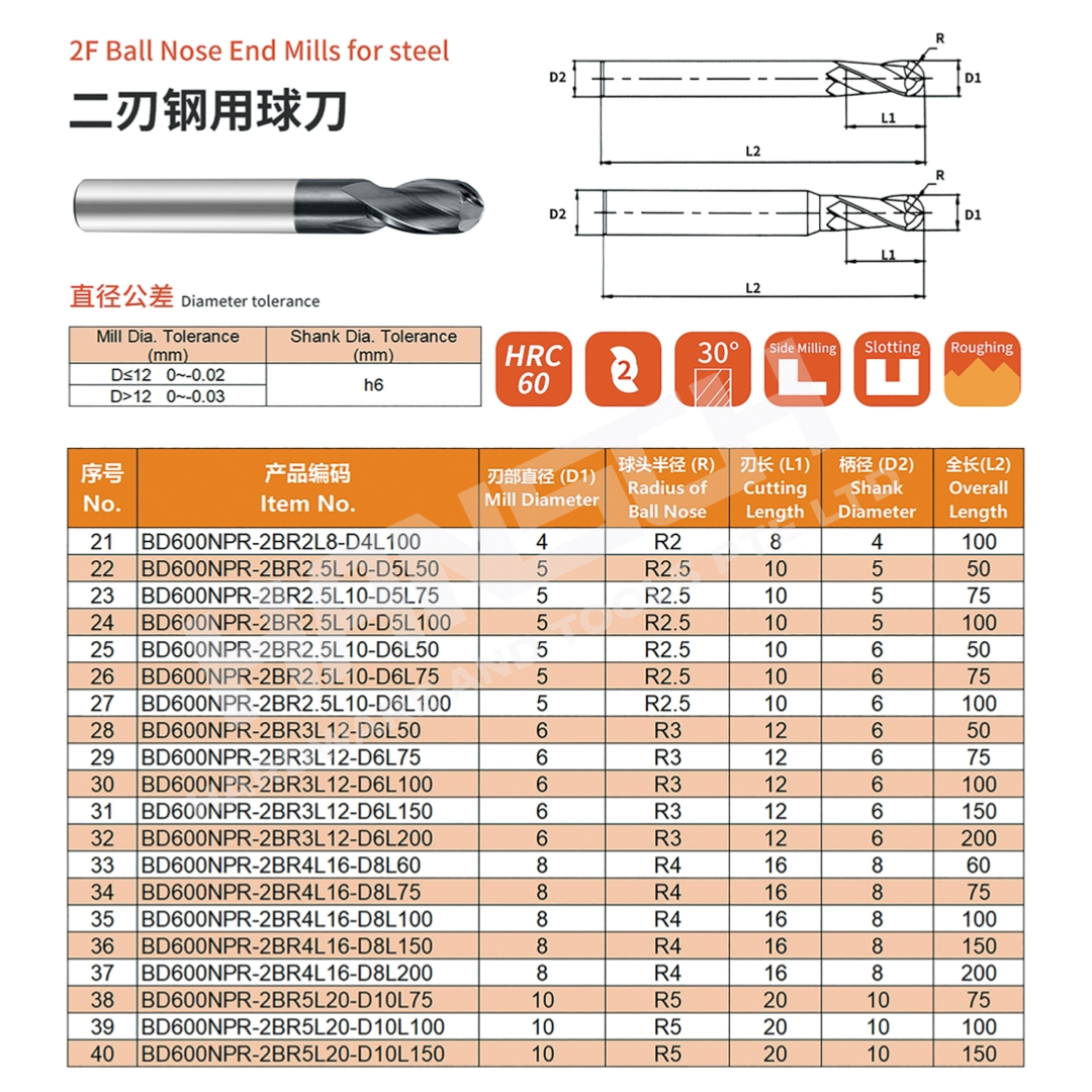 ZZBD-CT Ball Nose 2 Flute Carbide End Mills for Steel (两刃钢用球刀)