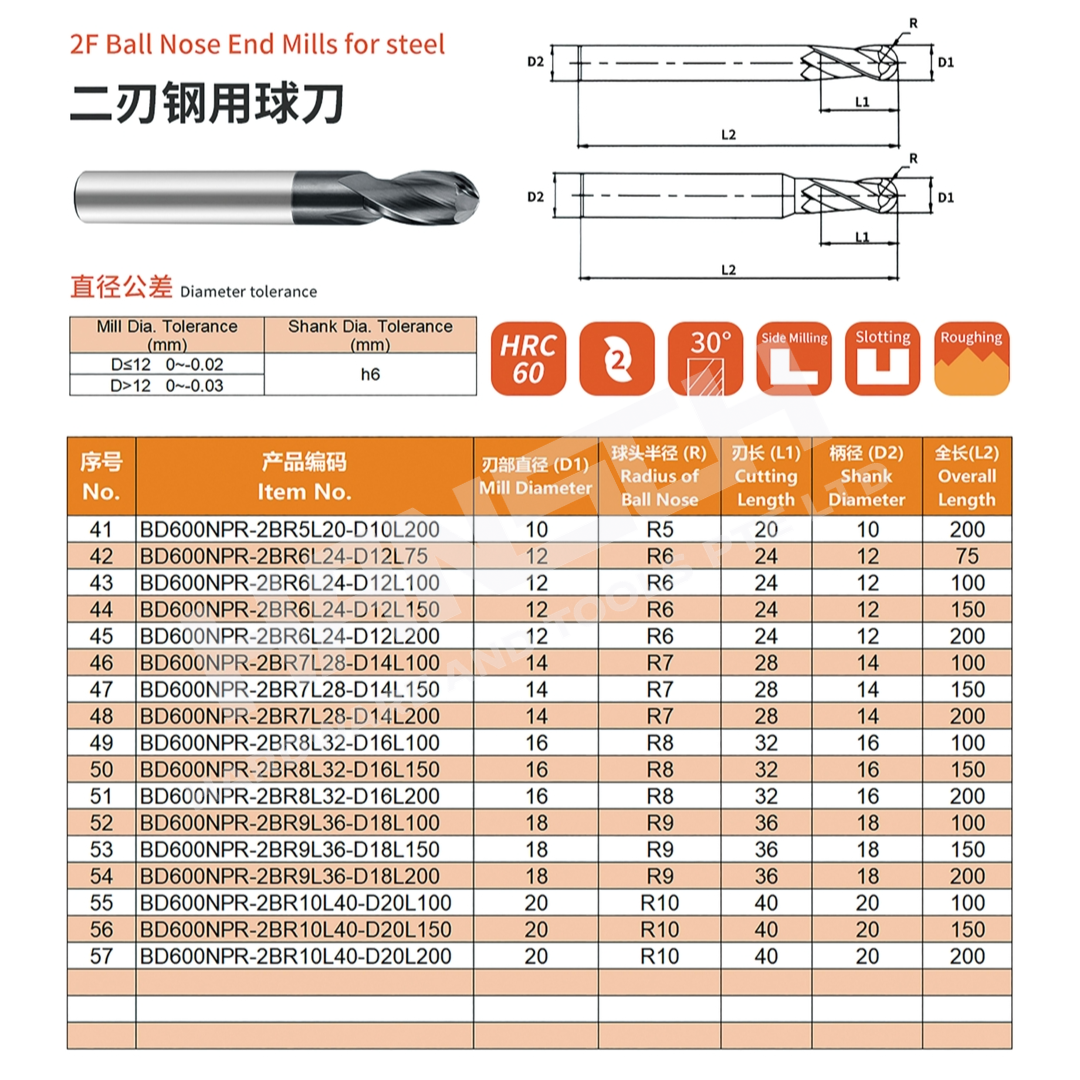 ZZBD-CT Ball Nose 2 Flute Carbide End Mills for Steel (两刃钢用球刀)