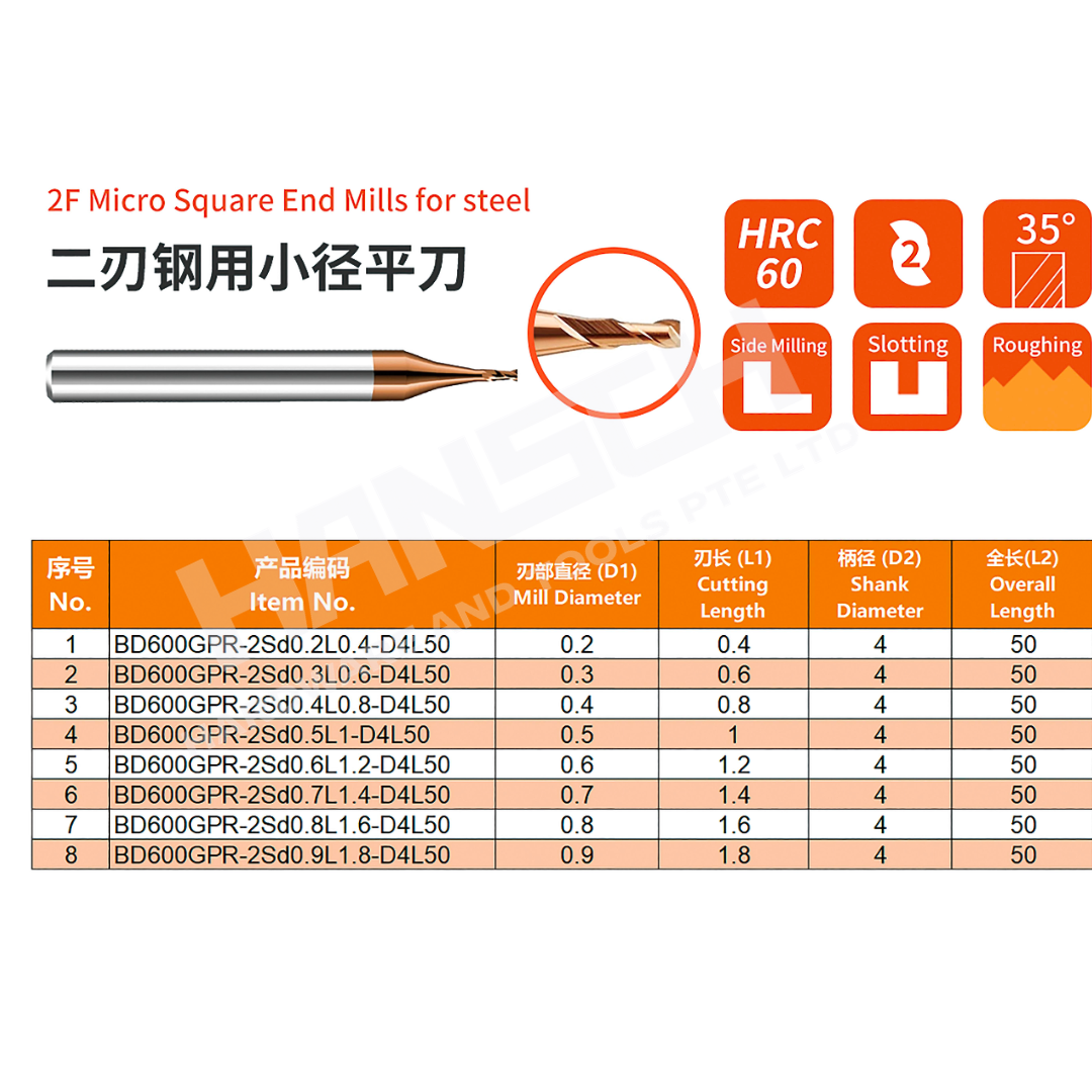 ZZBD-CT 2 Flute Micro End Mill for Steel Cutting | Solid Carbide Square Nose Milling Tool (两刃钢用小径平刀)