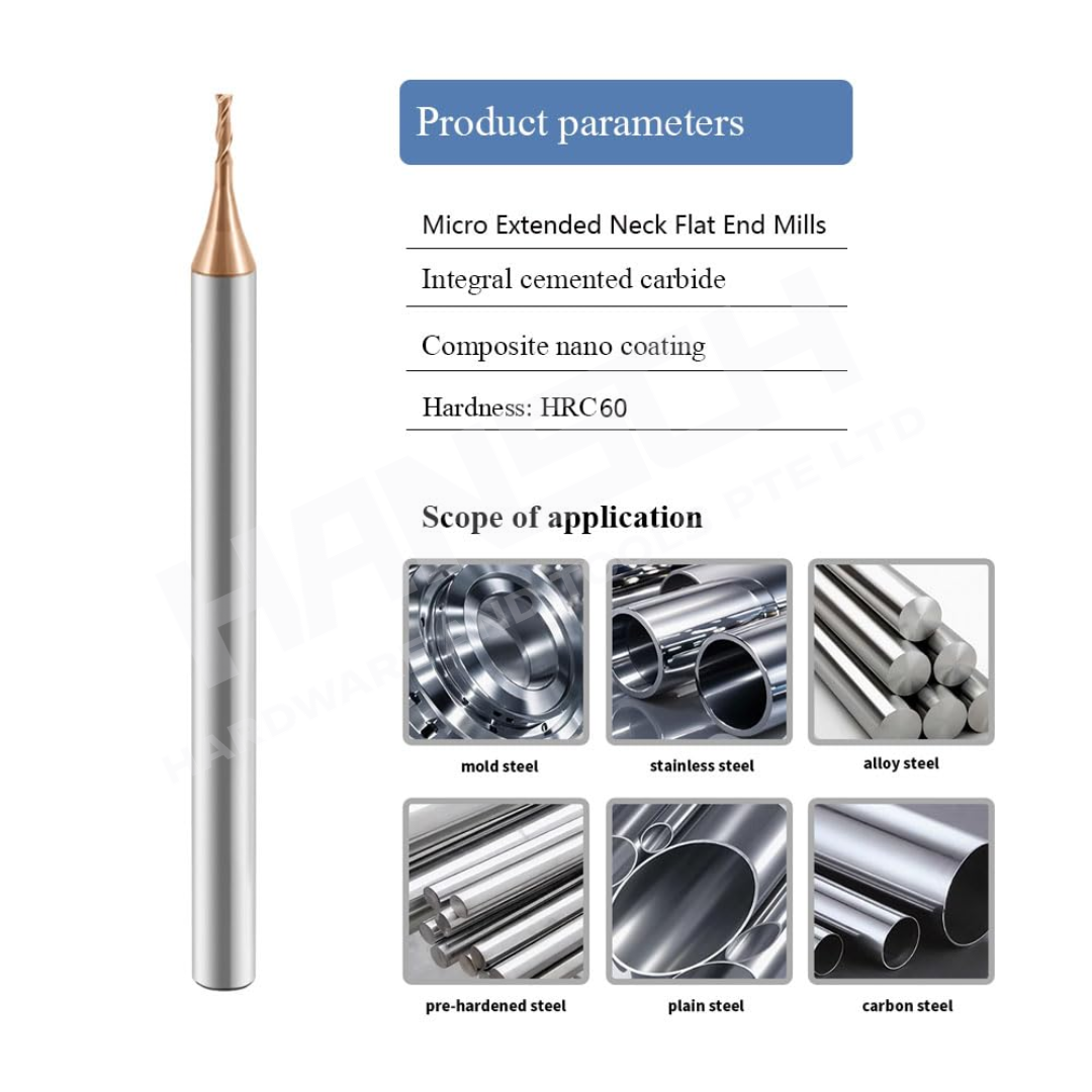 ZZBD-CT Long Neck Micro Square 2 Flute End Mills for  Side milling Slotting & Steel (两刃钢用小径深沟平刀)
