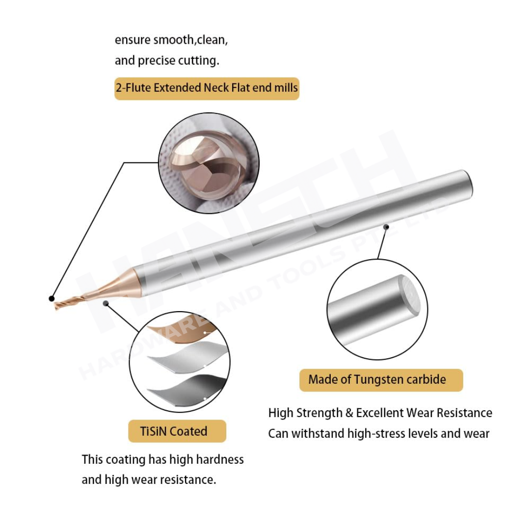 ZZBD-CT Long Neck Micro Square 2 Flute End Mills for  Side milling Slotting & Steel (两刃钢用小径深沟平刀)