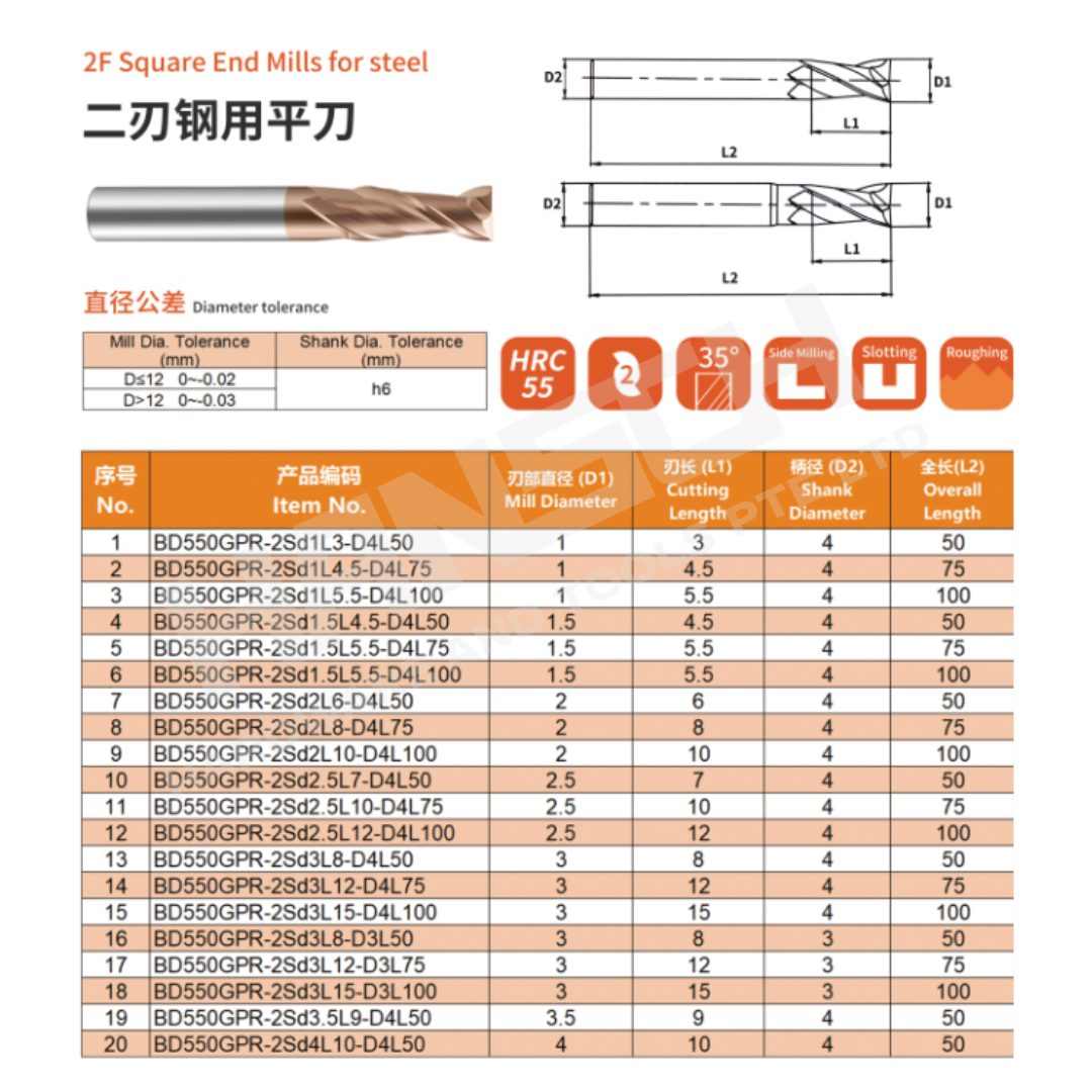 ZZBD-CT Carbide Square End Mills-2 Flute for Steel 两刃钢用平刀