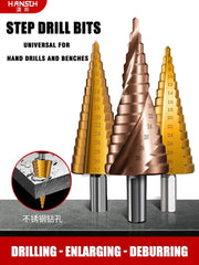 HANSCH step drill bits for hand drills and benches – multipurpose tools for drilling, enlarging, and deburring metal, wood, and stainless steel.