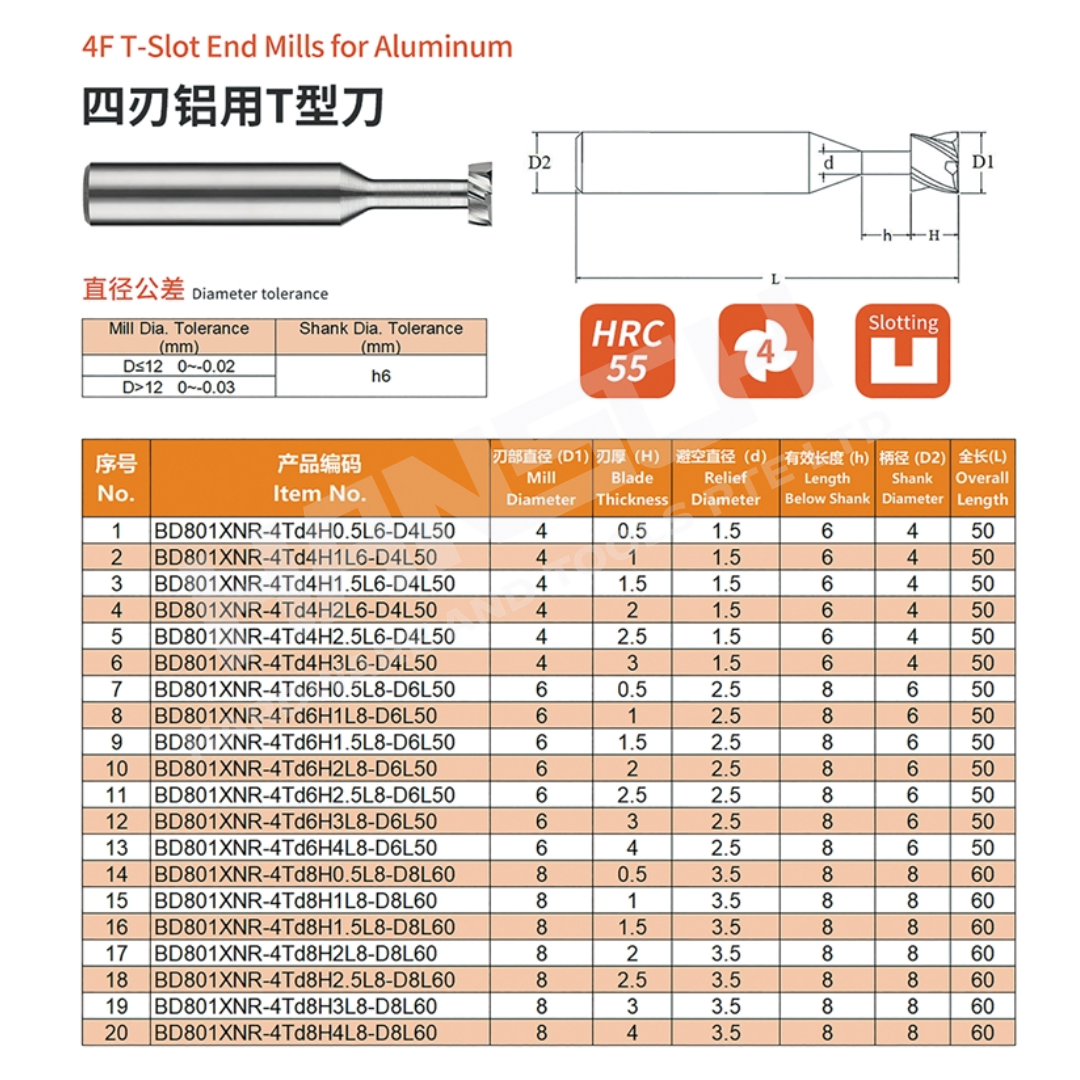 ZZBD-CT 4 Flute T-Slot End Mill for Aluminum | Solid Carbide CNC T-Slot Milling Cutter  (四刃铝用T形刀)