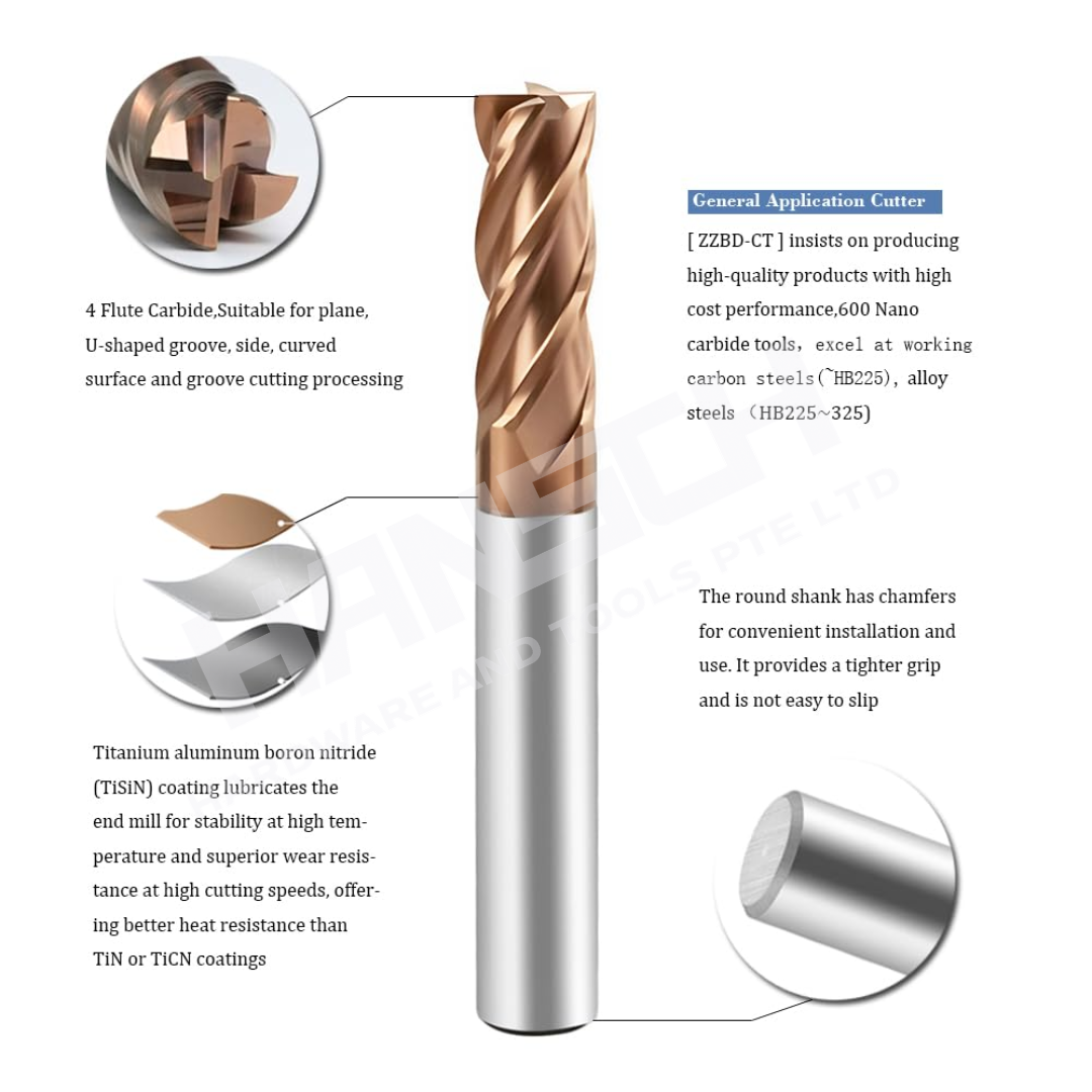 ZZBD-CT Carbide Square End Mills - 4 Flutes for Milling Alloy Steels, Hardened Steel, Metal 四刃钢用平刀