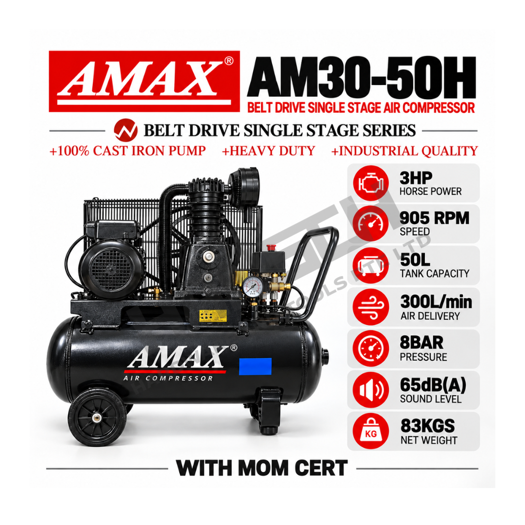 AMAX Belt Drive Air Compressor AM30-50H (3HP / 50L) with MOM Cert 皮带传动单级空气压缩机（附 MOM 证书）