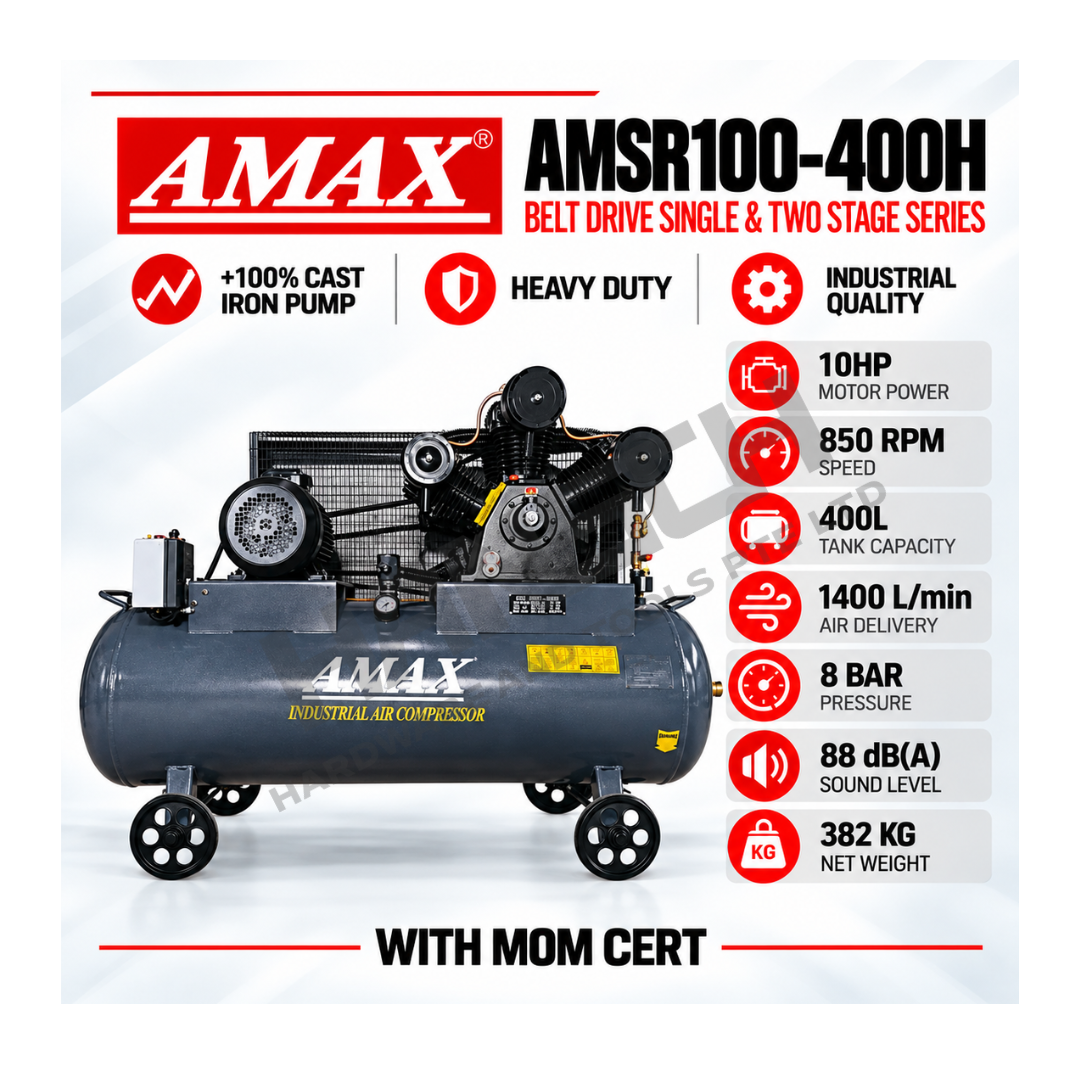 AMAX AMSR100-400H Belt Drive Industrial Air Compressor Single & Two Stage Series (10HP / 400L) with MOM Certificate 工业空气压缩机（附 MOM 证书)