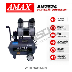 Amax AM2524 Oil-Free Air Compressor 2.5HP/24L 230V - with MOM Cert 无油静音空气压缩机