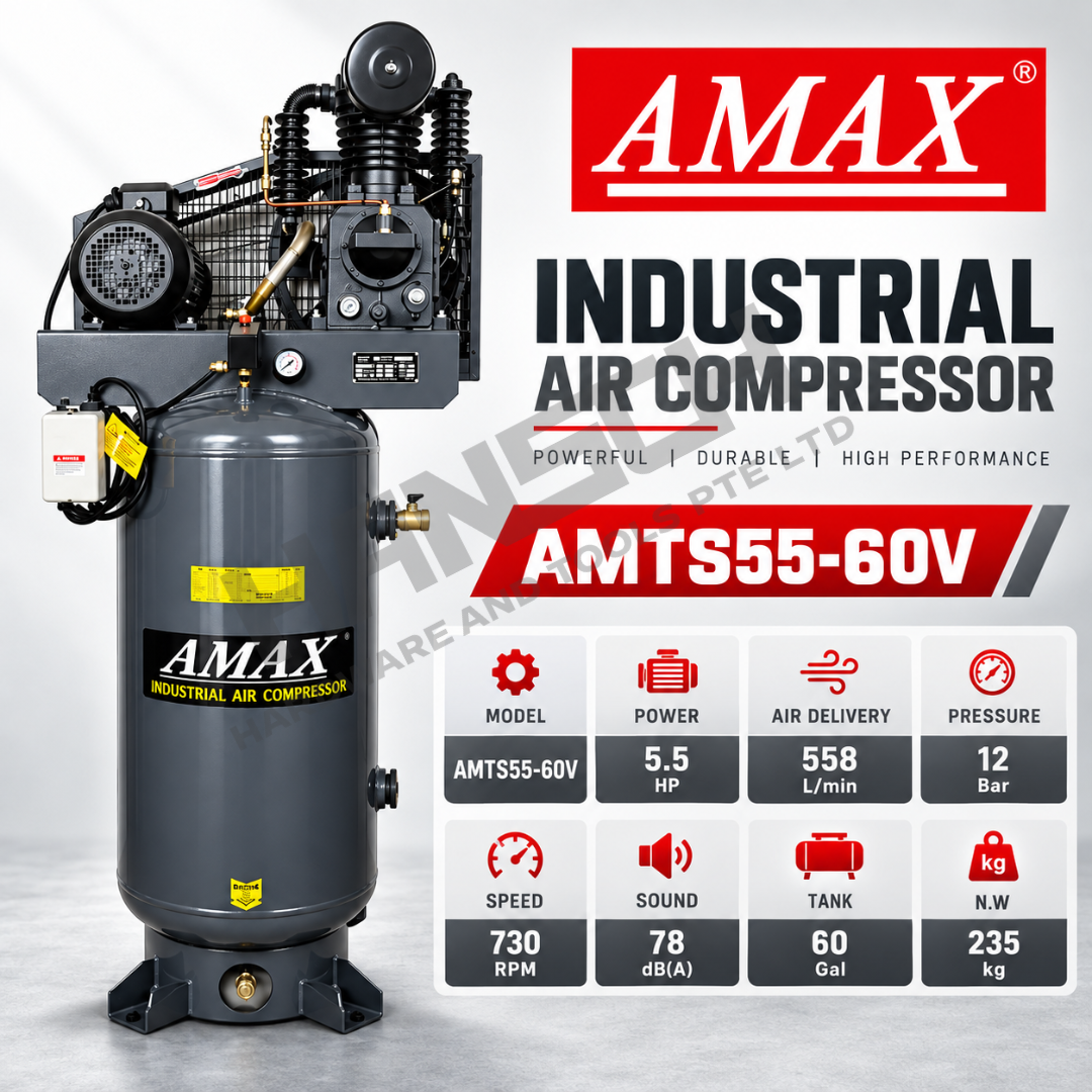 Amax AMTS55-60V Industrial Air Compressor Vertical Tank 5.5HP/60L/12BAR 工业空气压缩机