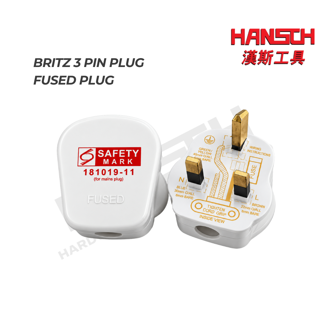 Britz 3 Pin Plug 13A With Fuse Singapore Safety Mark 三脚插头