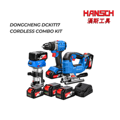 Dong Cheng DCKIT17 20V 4.0Ah Lithium-Ion Cordless 3-Tool Combo Kit – DCMP6Z Trimmer + DCMQ85Z Jig Saw + DCJZ2060IZ Impact Driver Drill 锂电无绳三件套工具组合 (修边机 + 曲线锯 + 冲击电钻)