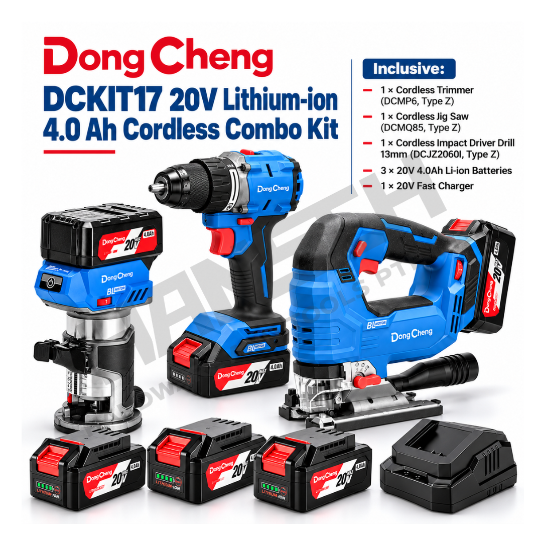 Dong Cheng DCKIT17 20V 4.0Ah Lithium-Ion Cordless 3-Tool Combo Kit – DCMP6Z Trimmer + DCMQ85Z Jig Saw + DCJZ2060IZ Impact Driver Drill 锂电无绳三件套工具组合 (修边机 + 曲线锯 + 冲击电钻)