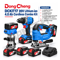 Dong Cheng DCKIT17 20V 4.0Ah Lithium-Ion Cordless 3-Tool Combo Kit – DCMP6Z Trimmer + DCMQ85Z Jig Saw + DCJZ2060IZ Impact Driver Drill 锂电无绳三件套工具组合 (修边机 + 曲线锯 + 冲击电钻)