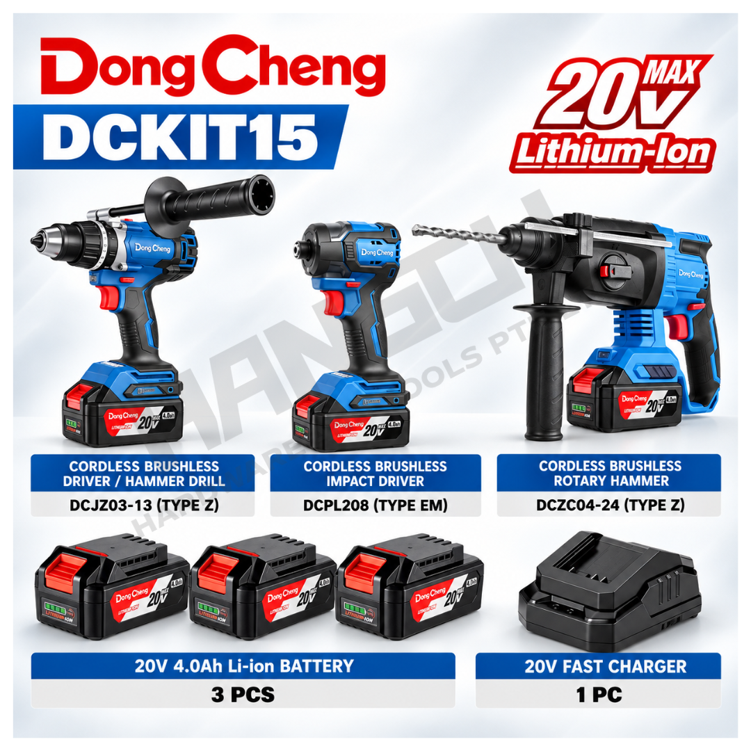 Dong Cheng DCKIT15 20V Cordless Brushless Combo Kit (Hammer Drill, Impact Driver & Rotary Hammer) 无刷锂电三件套装 – 冲击钻 / 冲击起子 / 电锤