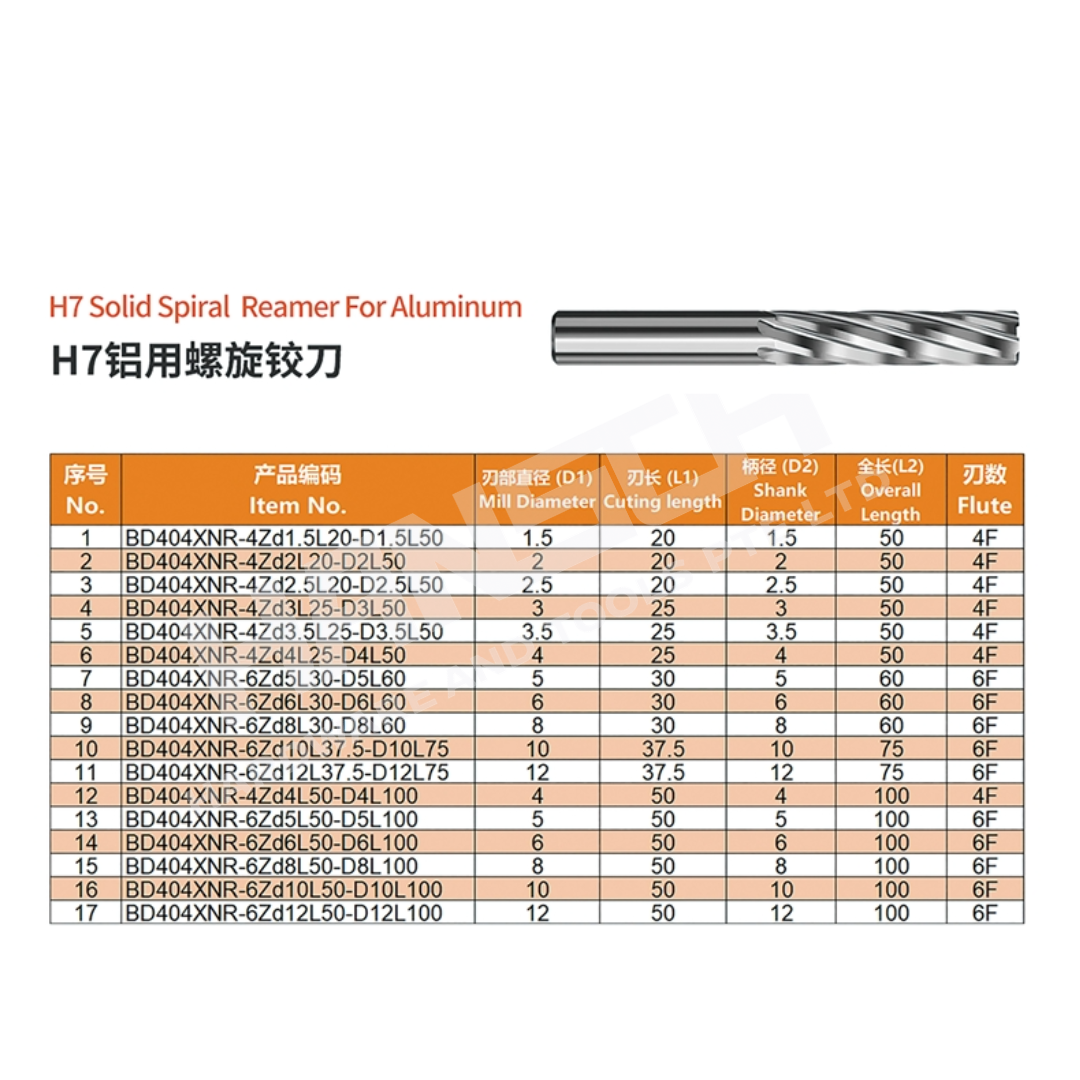 ZZBD-CT H7 Solid Spiral Flute Machine Reamer for Aluminum (H7 铝用螺旋铰刀)
