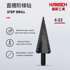 Hansch Step Drill Bit (Pagoda Drill Bit) 6542 Metal Hole Opener for Sheet Metal, Stainless Steel, Aluminum Plate, Tapered Hole Expansion 4–32mm (15 steps)