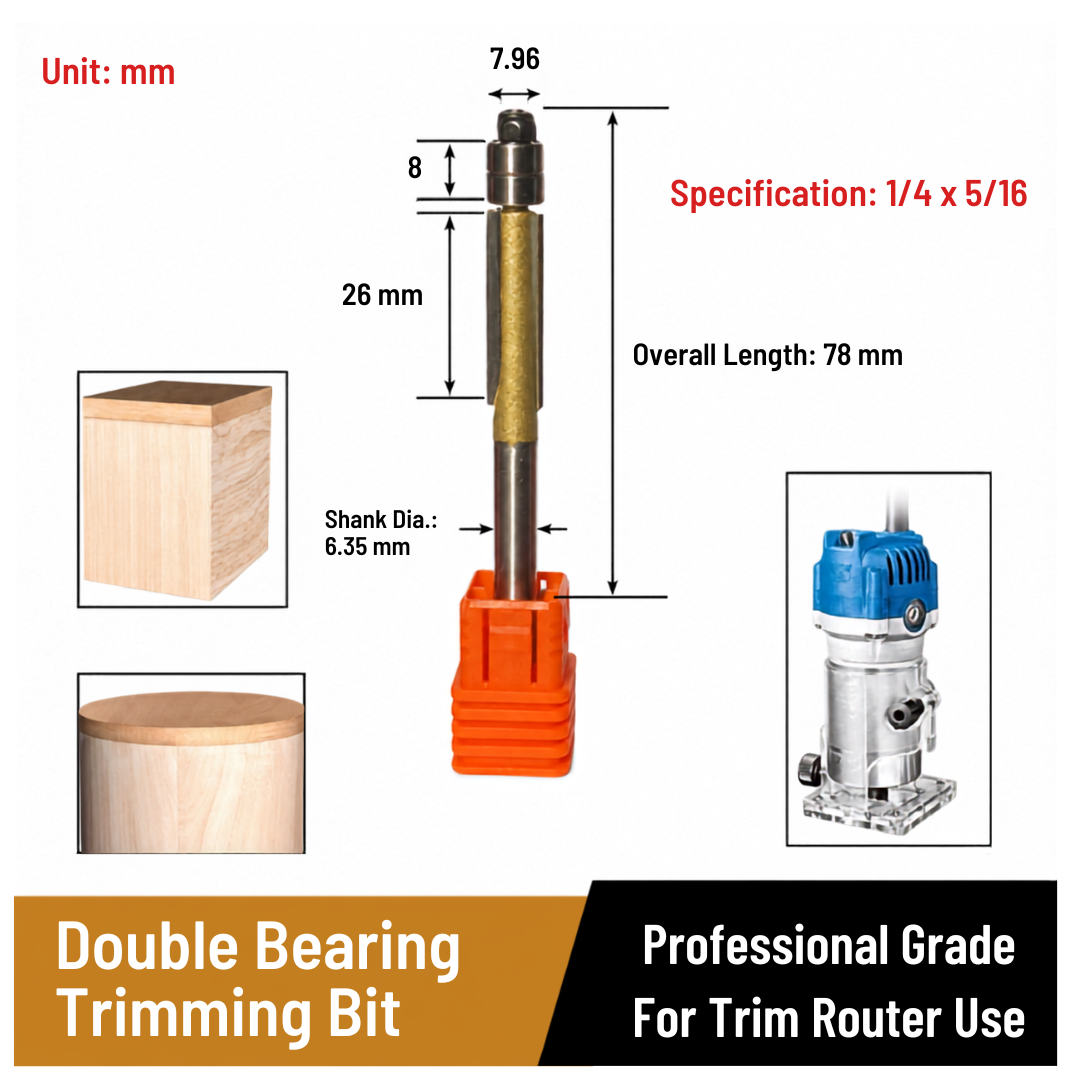 Hansch 1/4" Shank Double Bearing Trimming Router Bit 5/16" Woodworking Trim Router Cutter 双轴承修边刀