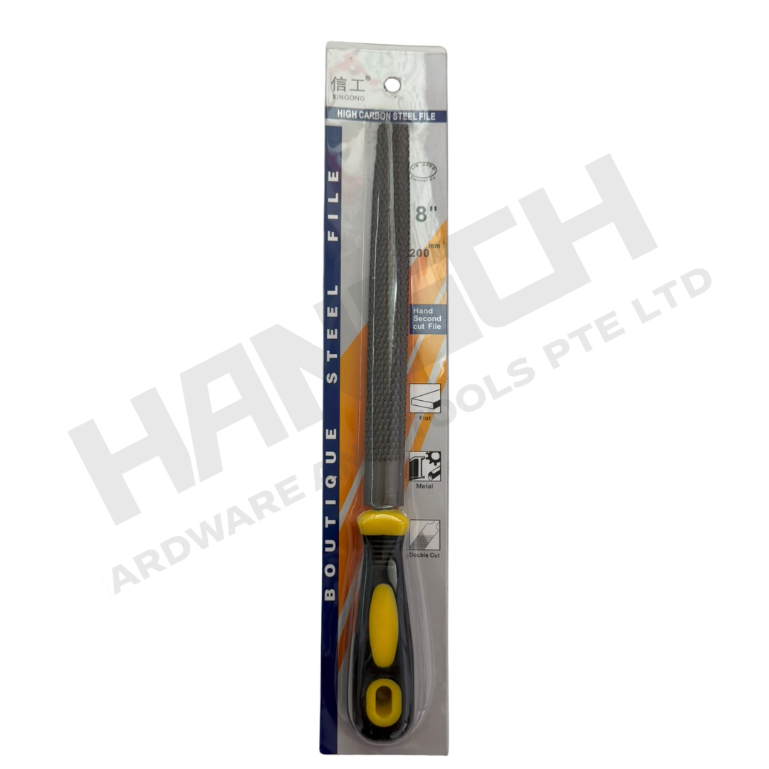 High Carbon Steel Flat Hand File 8" 200mm Double Cut Second Cut Metal Filing Tool with Handle 高碳钢双纹中齿平锉刀