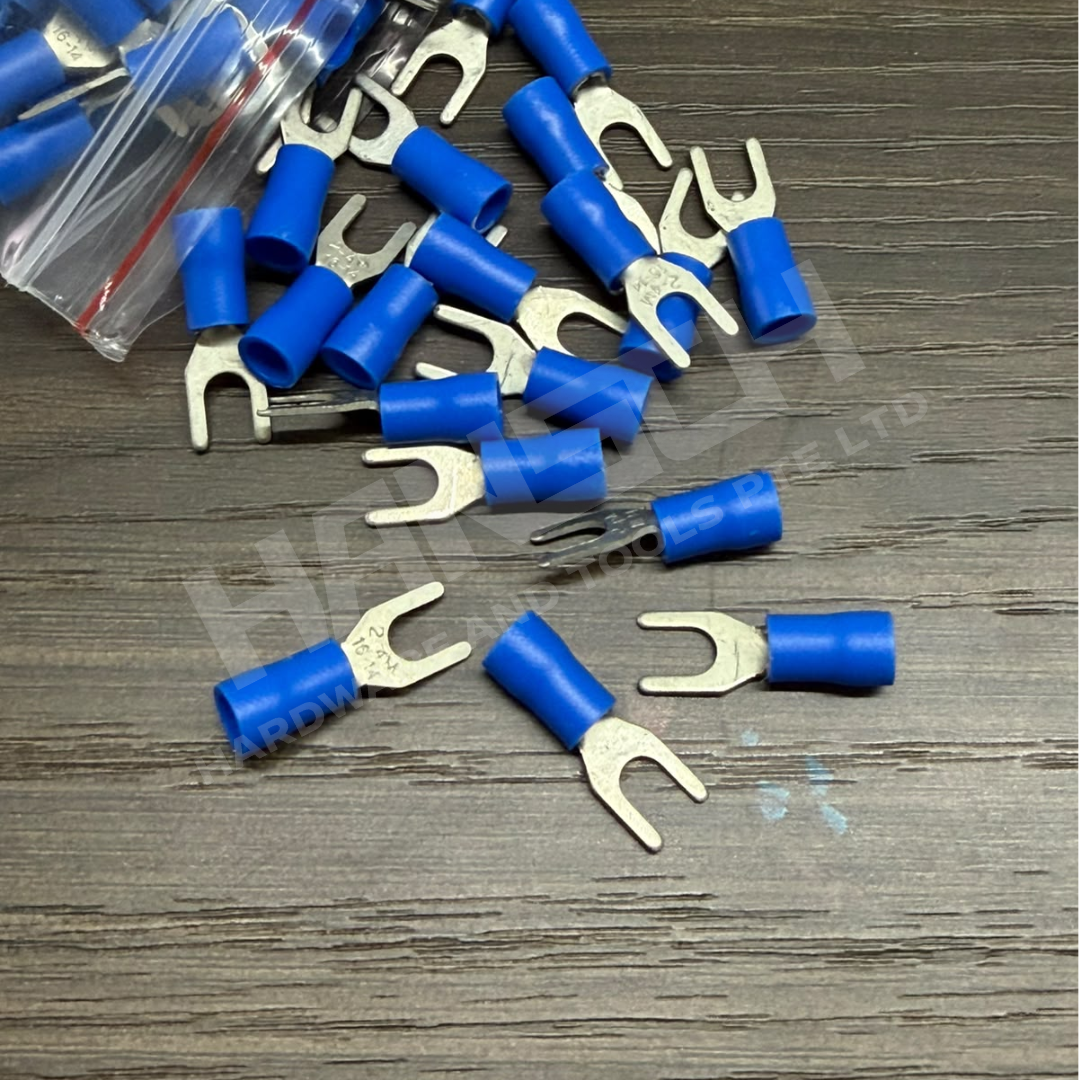 Insulated Fork Spade Crimp Terminal Wire Connector 16–14 AWG – Blue 蓝色绝缘叉形冷压接线端子