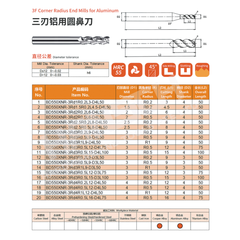 ZZBD-CT Carbide 3 Flute Corner Radius End Mills for ALUMINUM (三用铝用圆鼻刀)