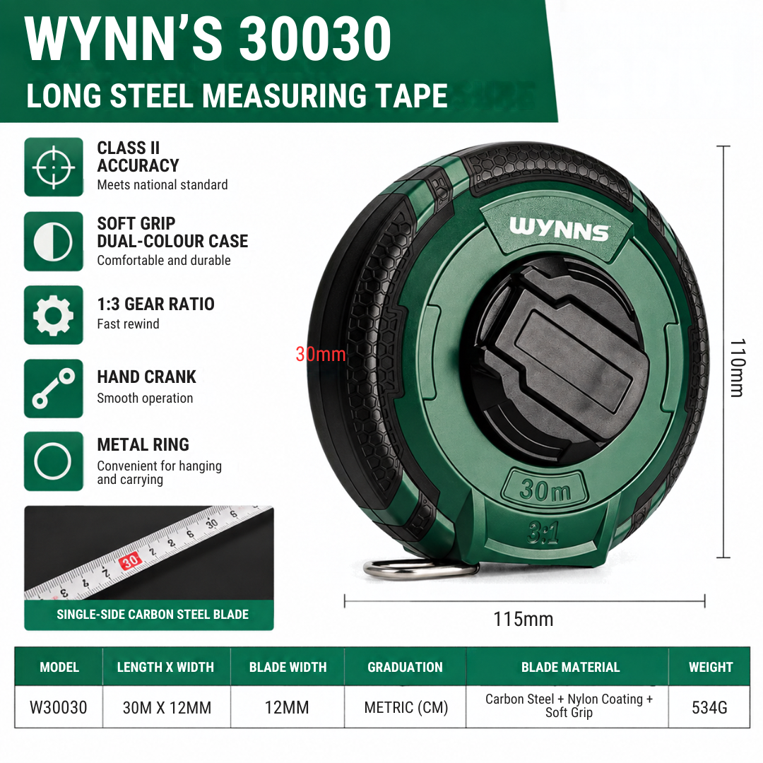 Wynn's 30030 Long Steel Measuring Tape 快速回卷手摇测量尺