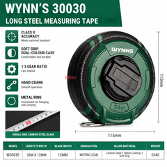 Wynn's 30030 Long Steel Measuring Tape 快速回卷手摇测量尺