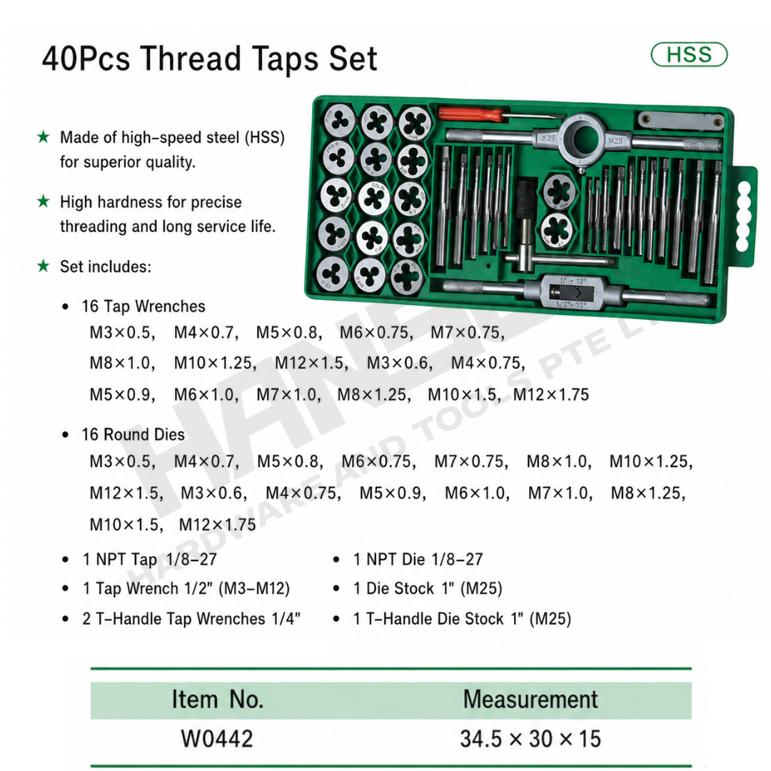 Wynn's 40PCS HSS Thread Tap & Die Set (W0442) Metal Thread Repair Cutting Tool Set with Tap Wrenches, Die Stock & Accessories 丝锥扳牙组套