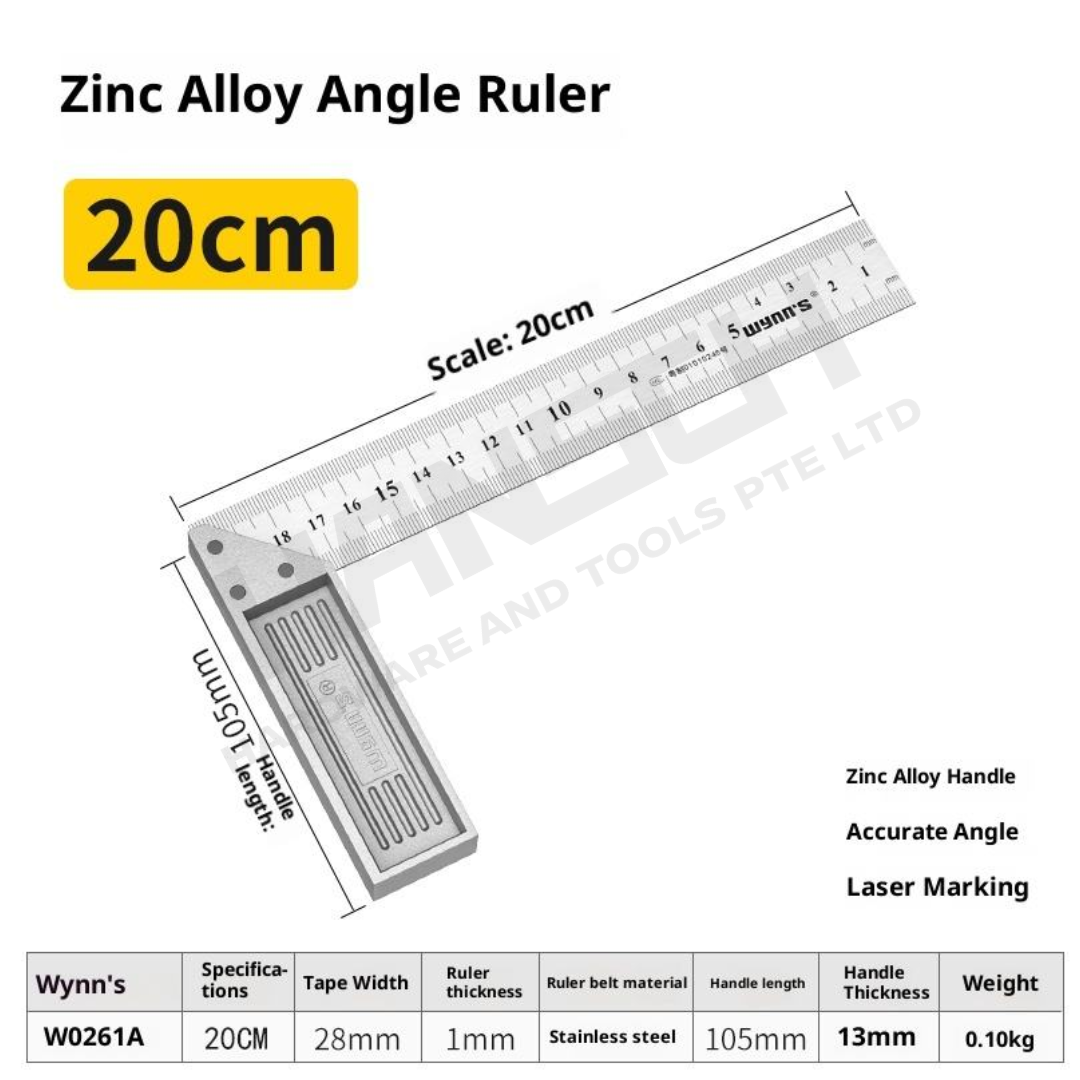 Wynn's  Stainless Steel Measuring Ruler (W0261A) 200mm Zinc Alloy Steel Square 锌合金钢角尺
