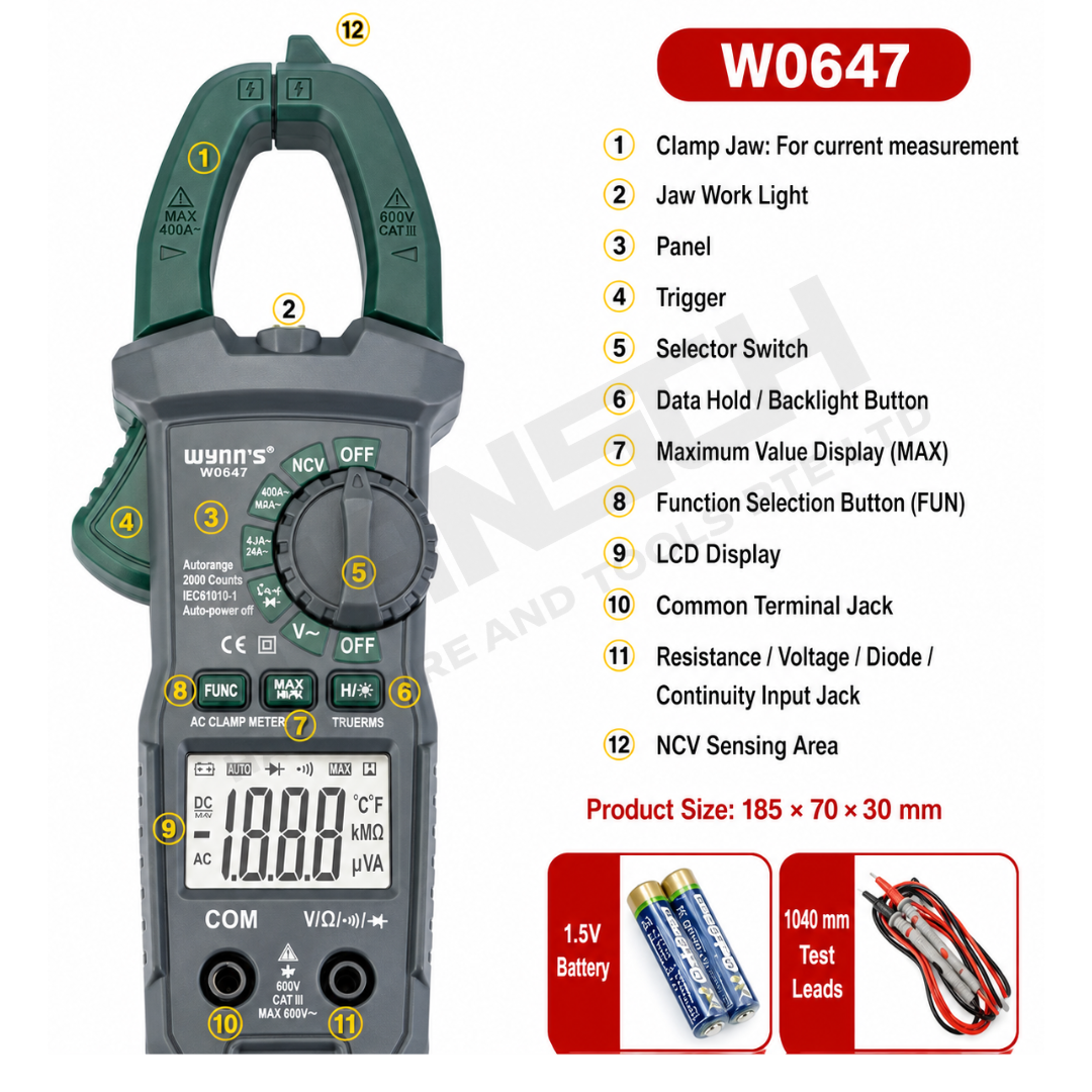 Wynn's Digital Clamp Meter Clip (W0647)  AC/DC Voltage Multi-Meter Portable 钳型万用表
