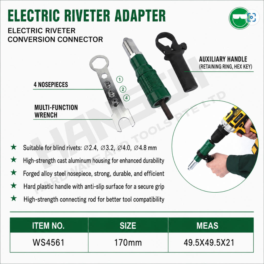 Wynn's Electric Riveter Adapter Conversion Connector WS4561 Drill Riveting Tool Attachment for Blind Rivets Ø2.4/3.2/4.0/4.8mm (电动铆钉枪转换接头)