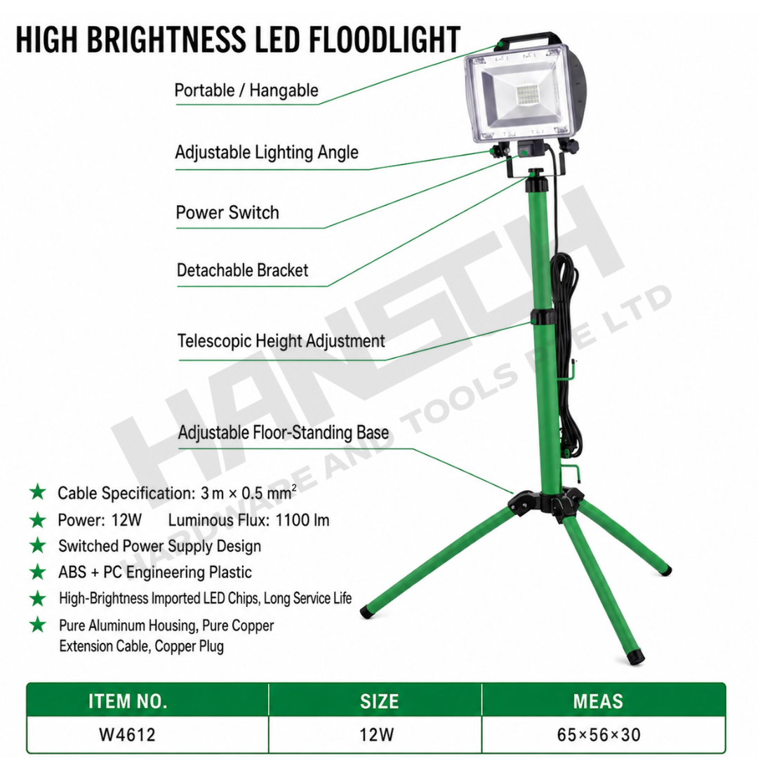 Wynn's High Brightness LED Floodlight with Adjustable Tripod Stand 12W W4612 Industrial Lighting Lamp (高亮度泛光灯LED)