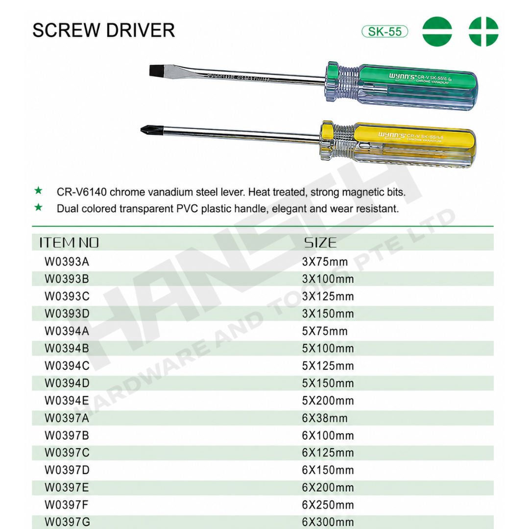 Wynn's Magnetic Screwdriver CR-V Chrome Vanadium Steel Flat & Phillips Screw Driver 一字十字 柄螺丝批 多尺寸可选