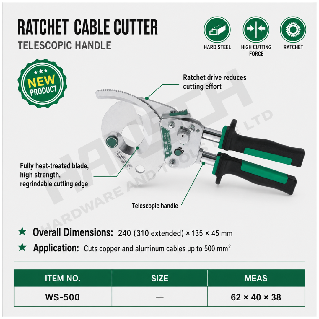 Wynn's Ratchet Cable Cutter WS-500 Heavy Duty Cable Cutting Tool for Copper and Aluminum Cables 棘轮电缆剪(伸缩柄)