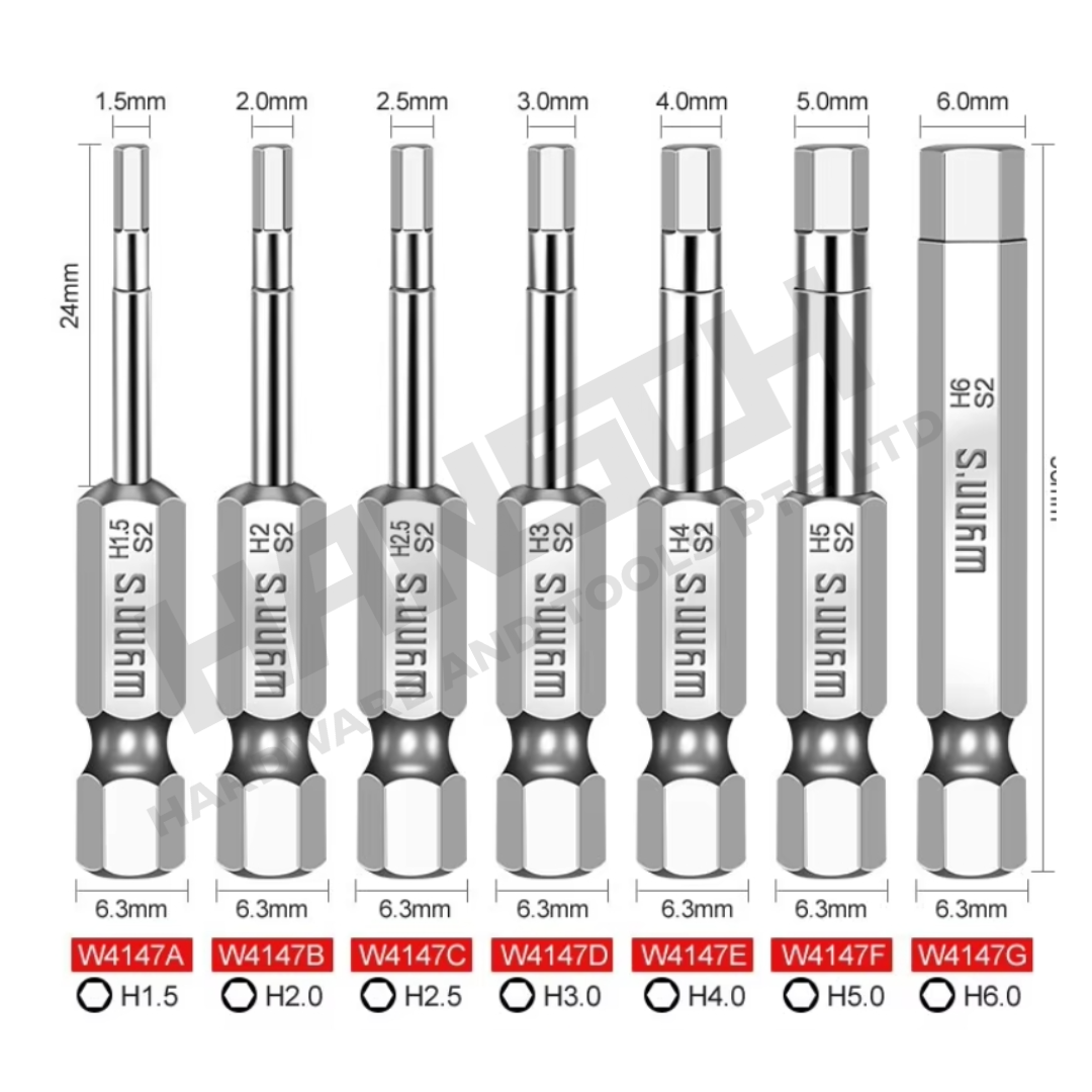 Wynn's Screwdriver Bit Single-End Hex Magnetic Hex Shank Driver Bit (单头六角风批头)