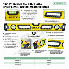 Wynn's High-Precision Aluminum Alloy Magnetic Spirit Level Ruler (W0092) Heavy-Duty Construction Level with Strong Magnetic Base 高精度铝合金水平尺 (强磁)