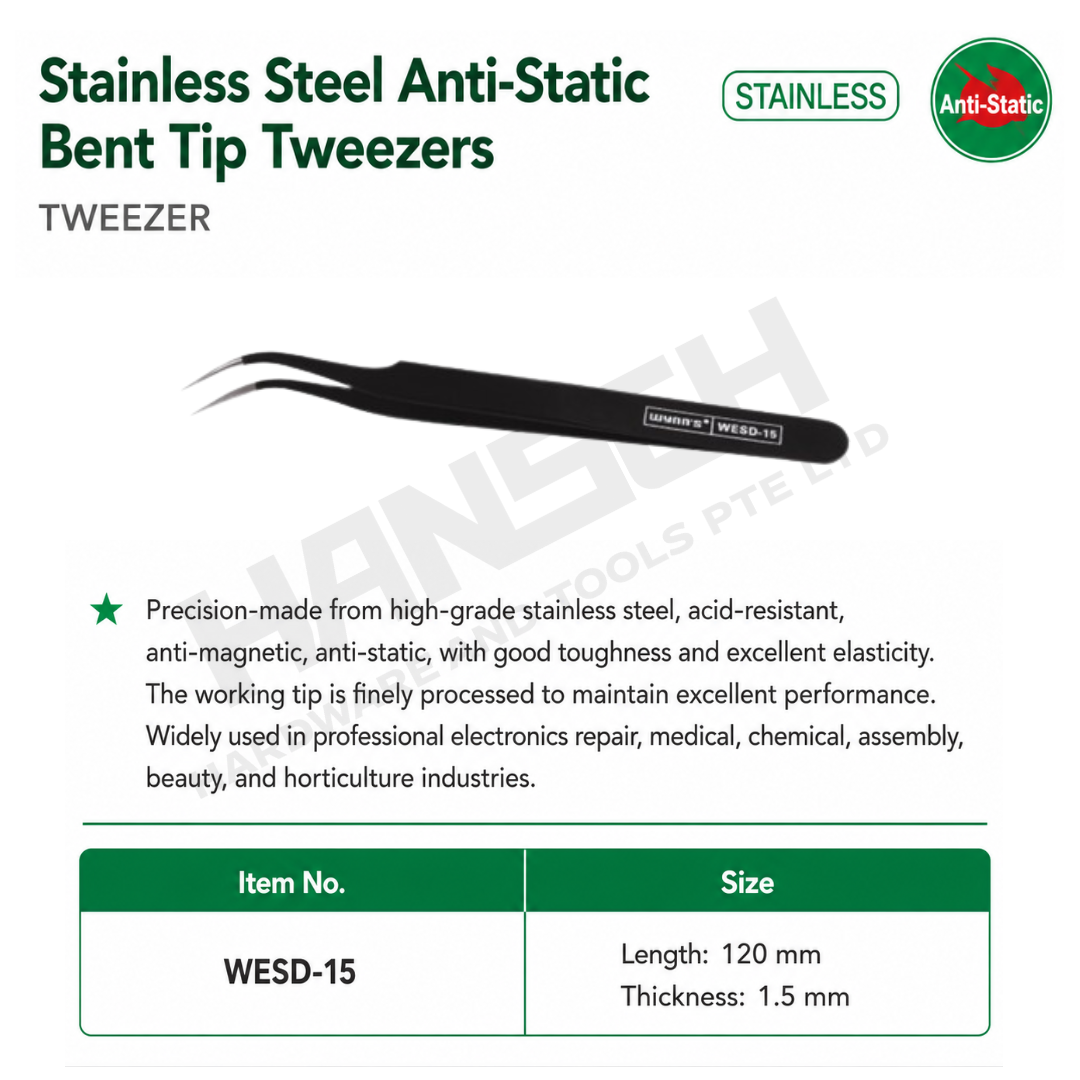 Wynn's Stainless Steel Anti-Static Bent Tip Tweezers (WESD-15) Precision Curved Fine Tip Tweezers  特弯头镊子
