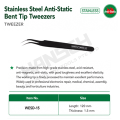 Wynn's Stainless Steel Anti-Static Bent Tip Tweezers (WESD-15) Precision Curved Fine Tip Tweezers  特弯头镊子