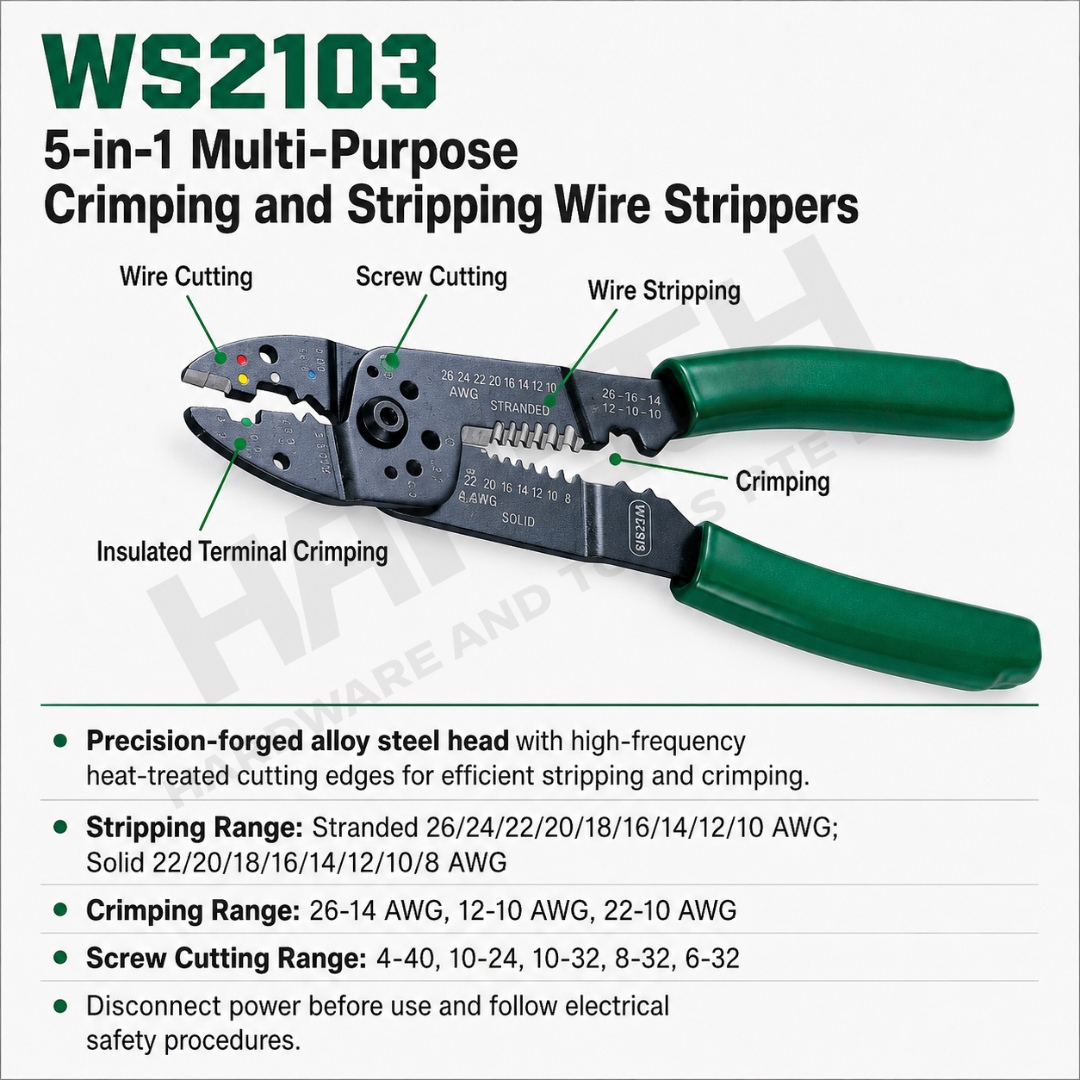 Wynn's 5-in-1 Multi-Purpose Wire Stripper Crimper (WS2103) Heavy Duty Crimping, Stripping, Cutting & Screw Cutting Tool  五合一多功能压接剥线钳