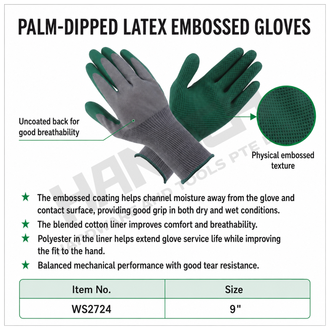 Wynn's Industrial Work Gloves (W2724) Palm-Dipped Latex Embossed Work Gloves – 9 Inch 乳胶压纹手套