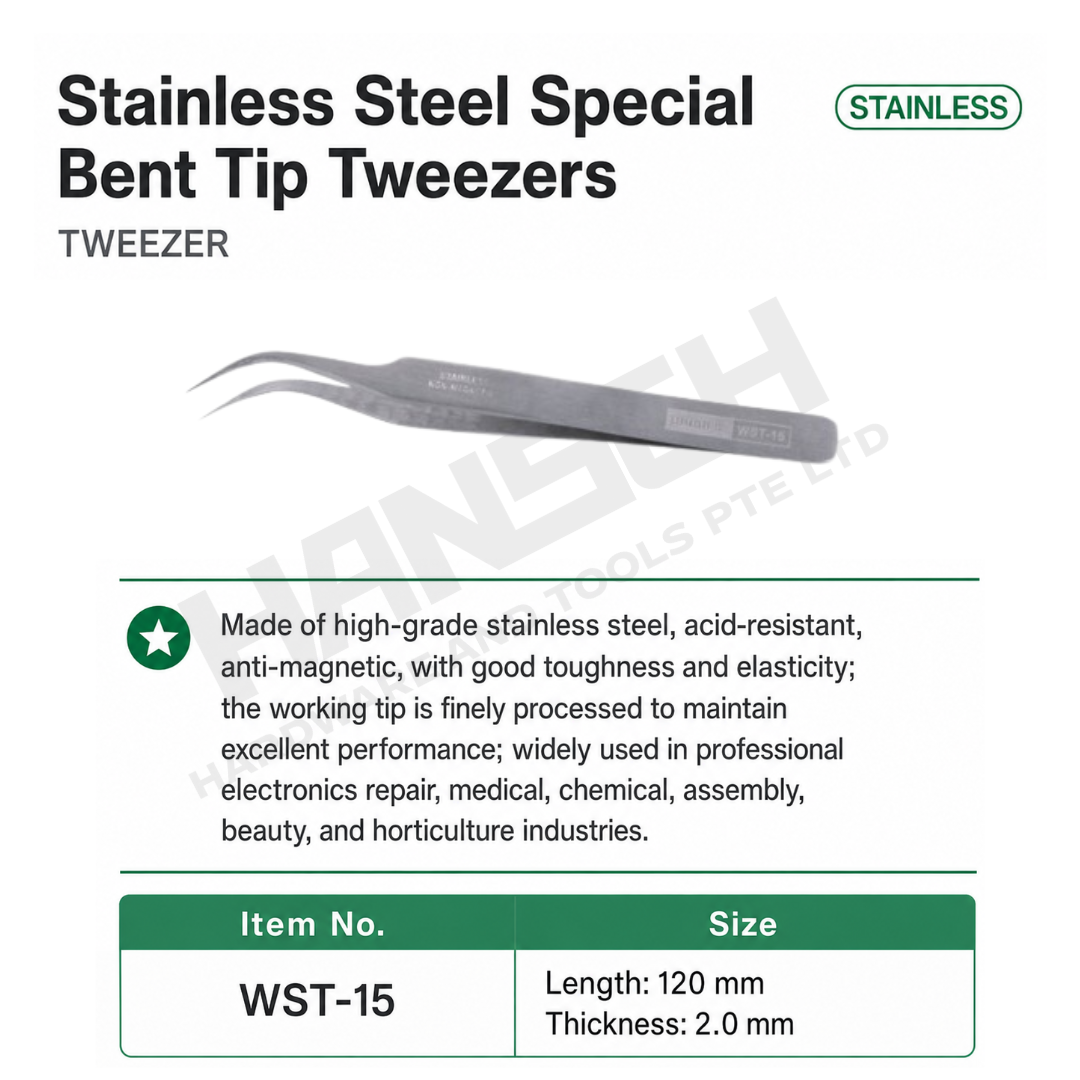 Wynn's Stainless Steel Special Bent Tip Tweezers (WST-15) Precision Curved Fine Tip Tweezers 特弯头镊子