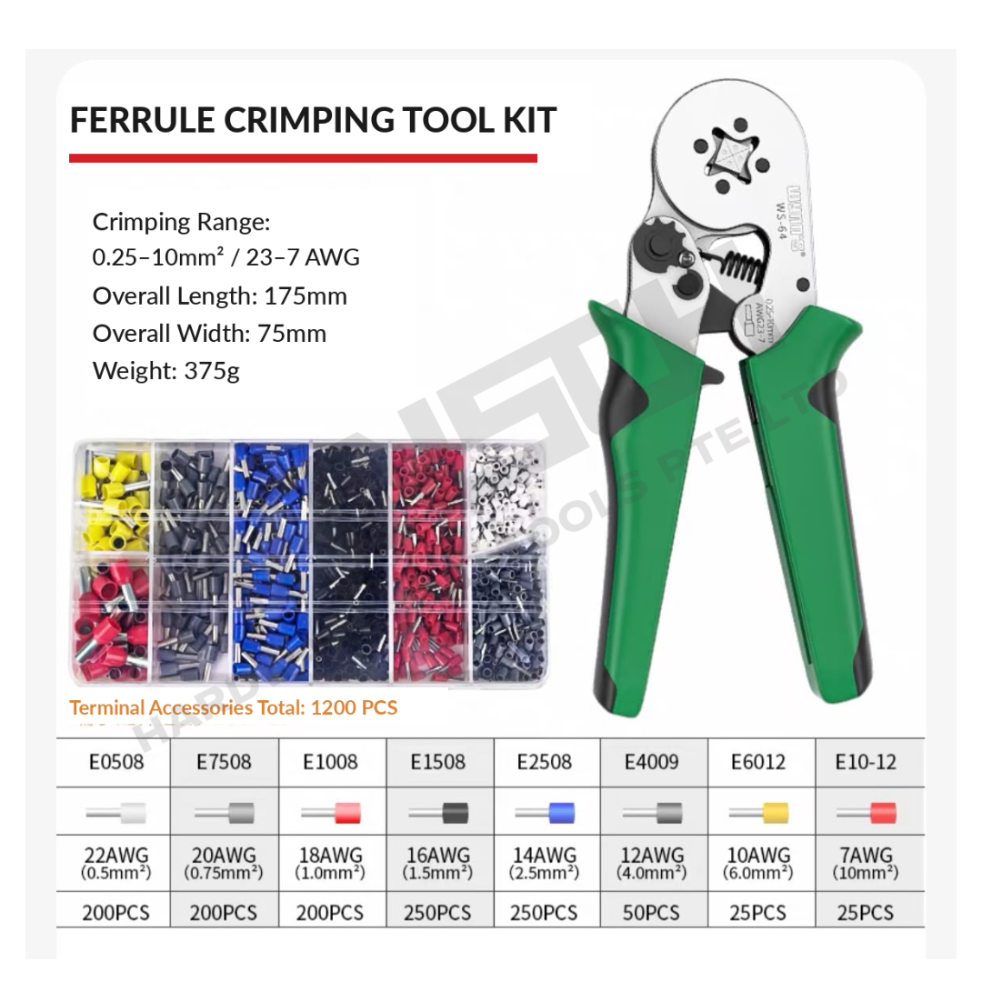 Wynn's WS-64A Ferrule Crimping Tool Kit with 1200PCS Cord End Terminals, 0.25–10mm² / 23–7 AWG  (套管式专用钳套装)