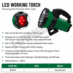 Wynn's Rechargeable LED Working Torch (W3393) Portable High-Brightness Work Light with Rear Red Warning Light  (LED工作灯)