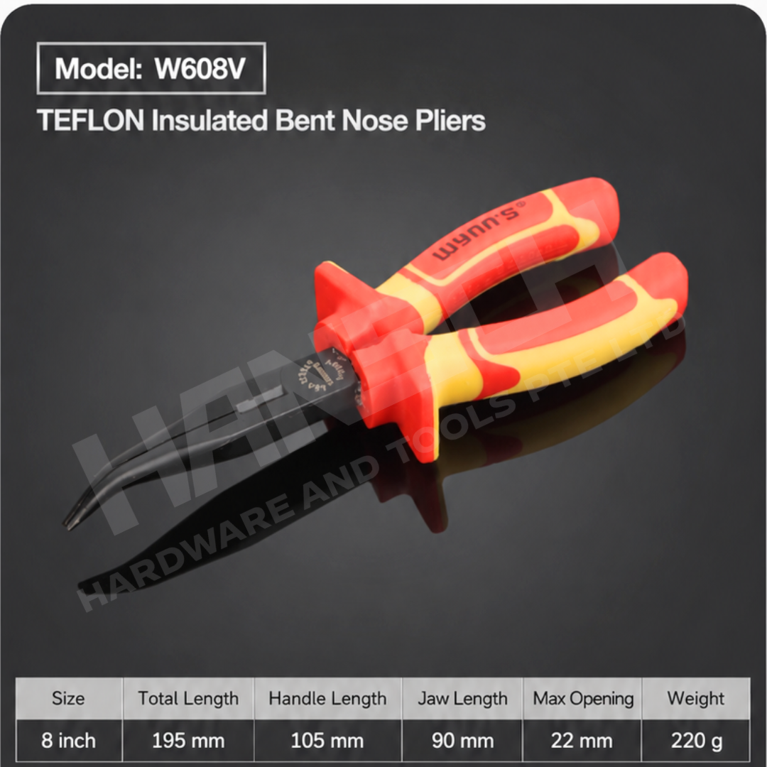Wynn's TEFLON Insulated Bent Nose Pliers  8" (200mm) Anti-Voltage 耐高压绝缘弯咀钳