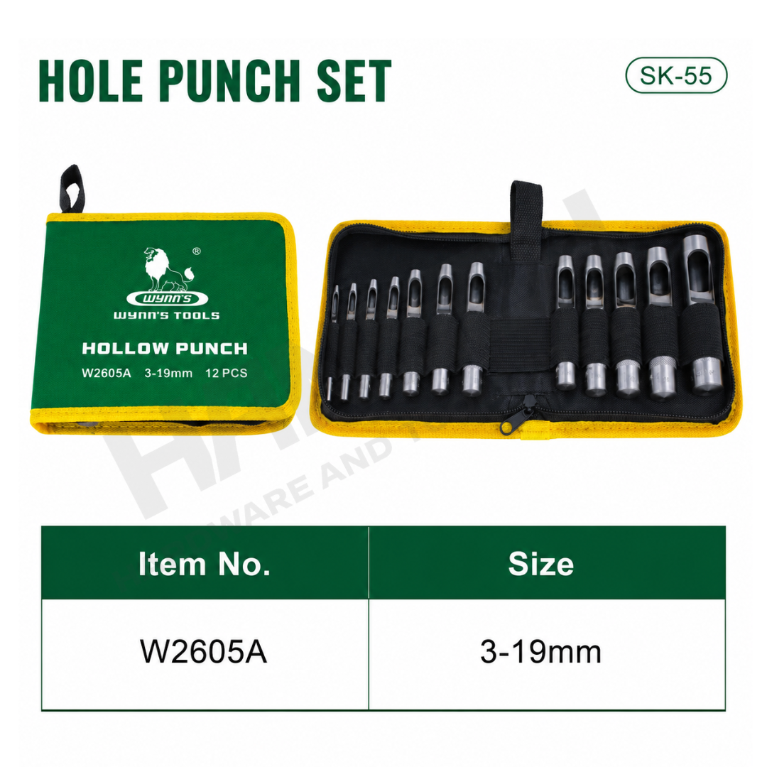 Wynn's 12pcs Hollow Punch Set  3-19mm (W2605A) Leather, Rubber, Paper, Cloth & Plastic Punch Cutter Set 皮带冲
