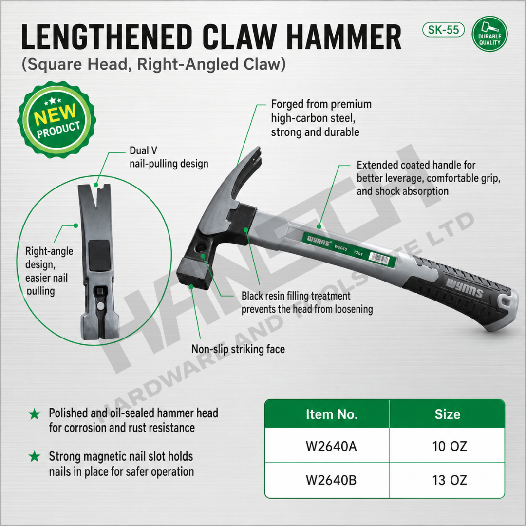 Wynn's Lengthened Claw Hammer 10oz (W2640A) / 13oz (W2640B) 加长包塑柄羊角锤(方头直角)
